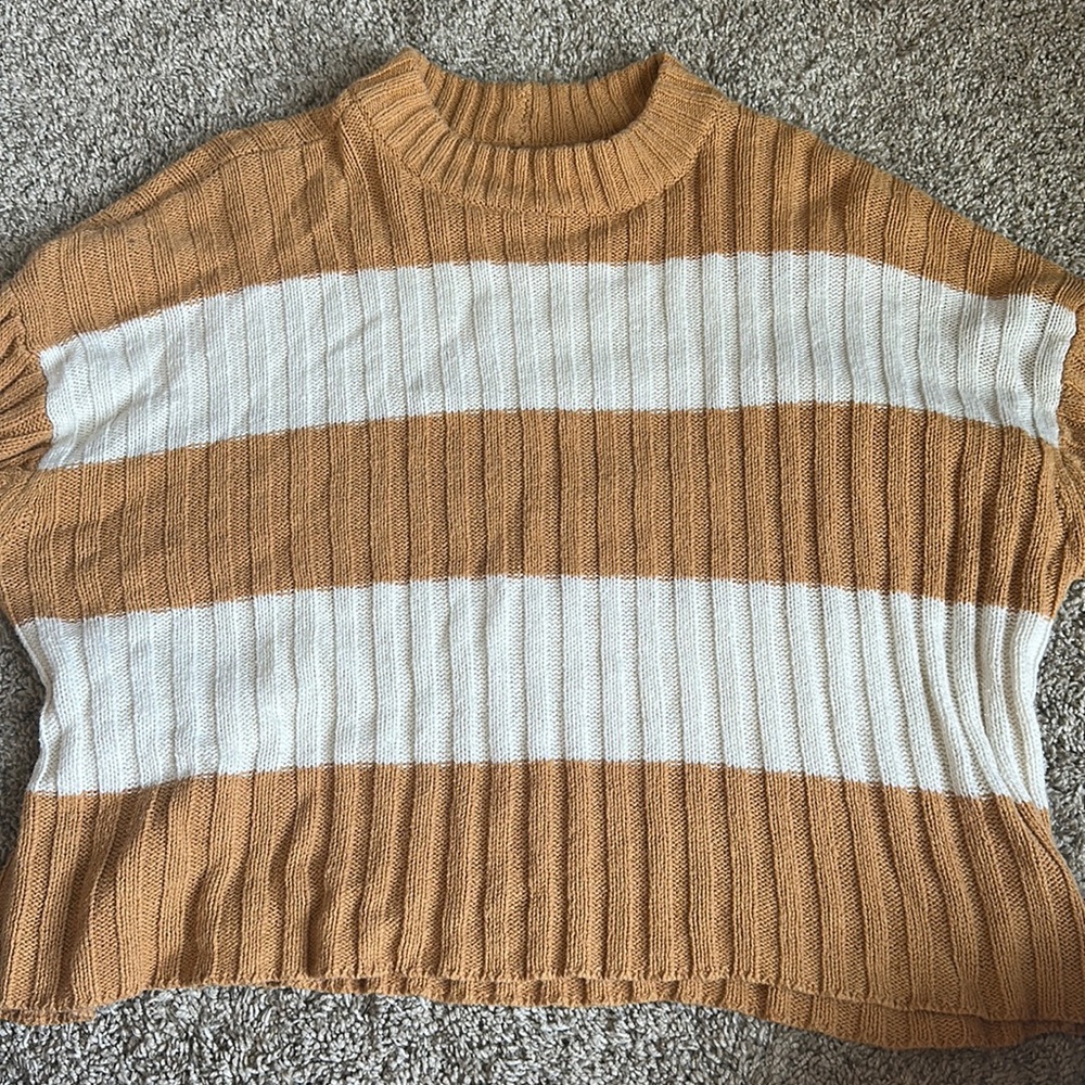 American Eagle Mustard Yellow & White Striped Crewneck Sweater Size XS-S